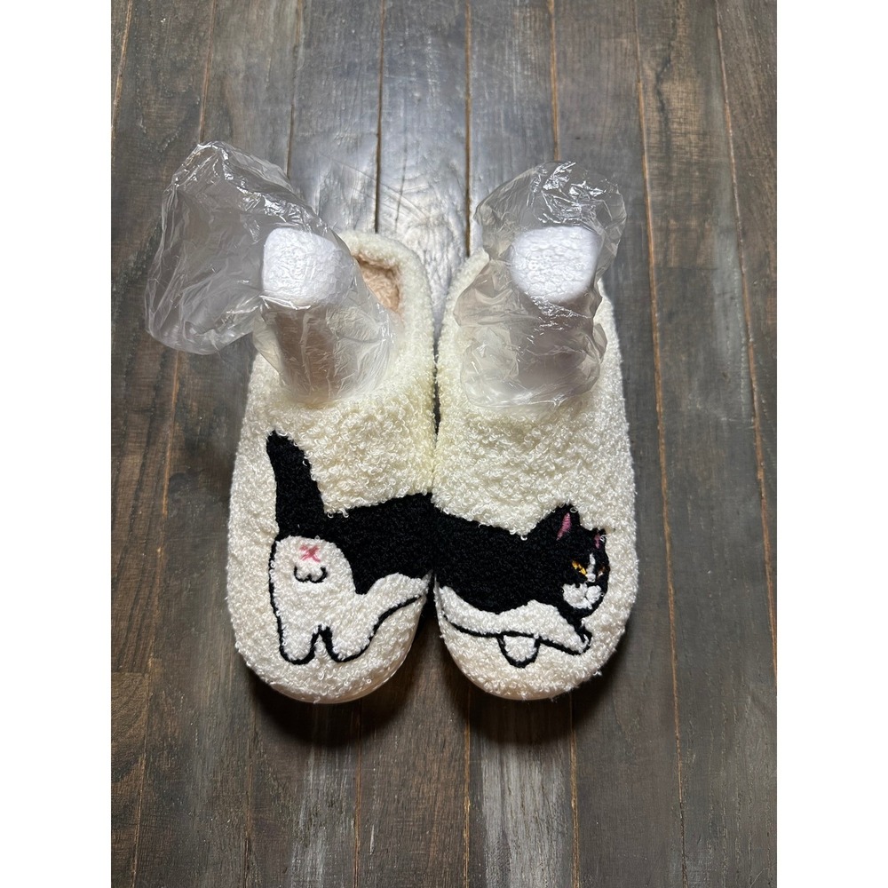 Women Tuxedo Cat Faux Shearling Slippers Fuzzy White Black Mules House Shoes NEW